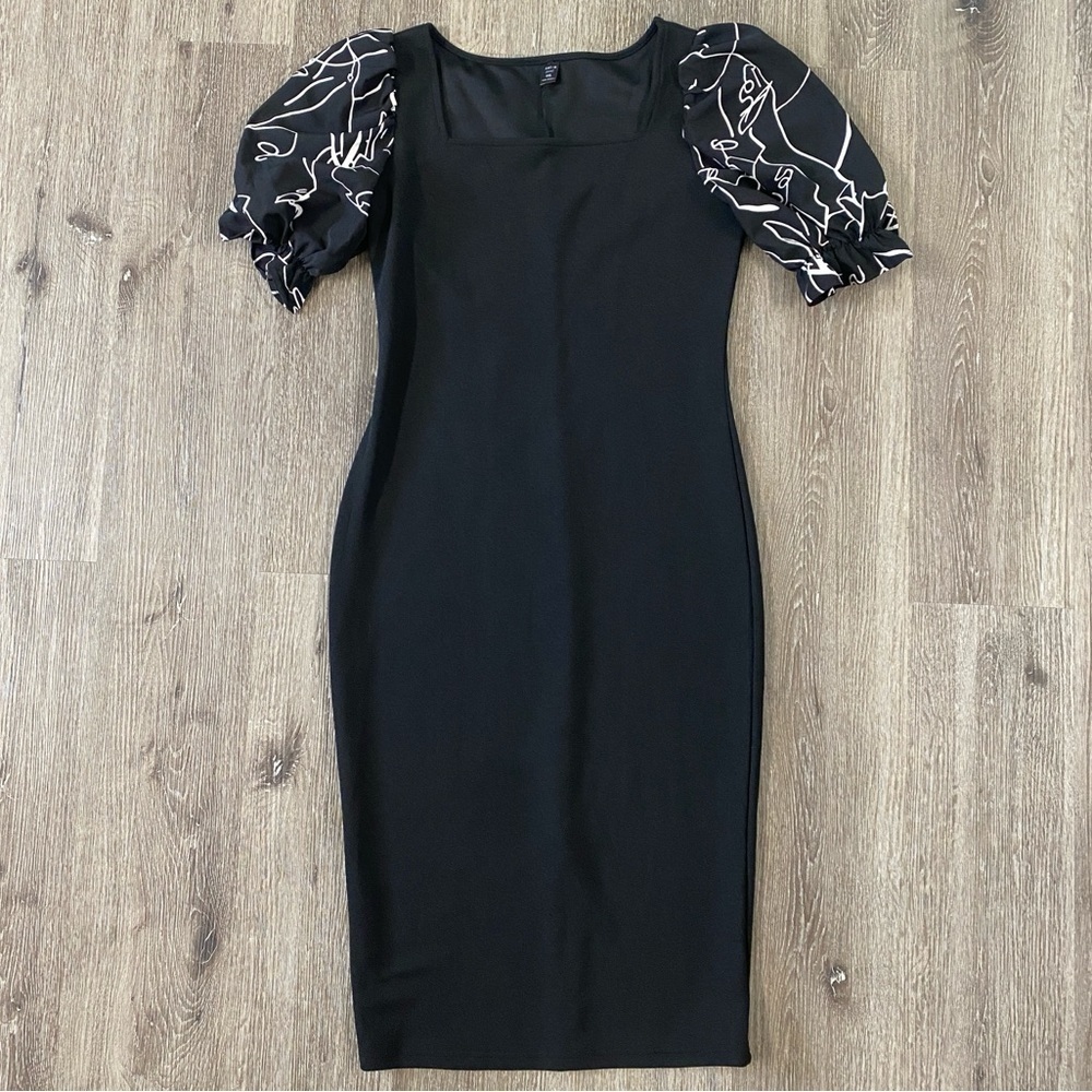 SHEIN CURVE black midi dress womens plus size 0xl puffy sleeves square neck line